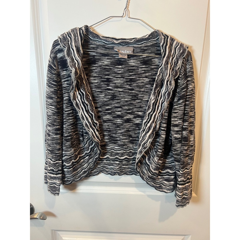 TanJay Womens Cardigan Scalloped Trim Space Dye Black White Size M